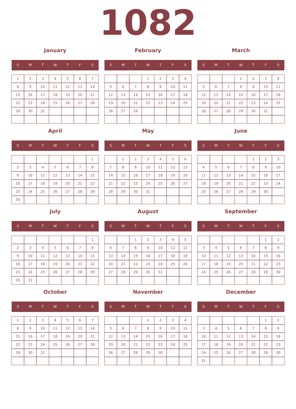 Printable 1082 Year Calendars cordovan