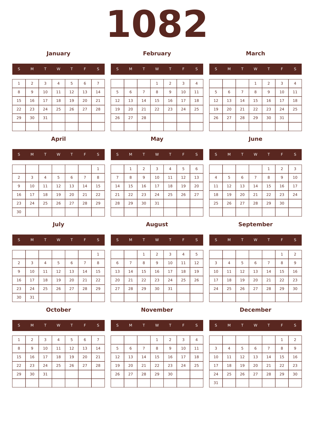 Printable 1082 Year Calendars mortuum