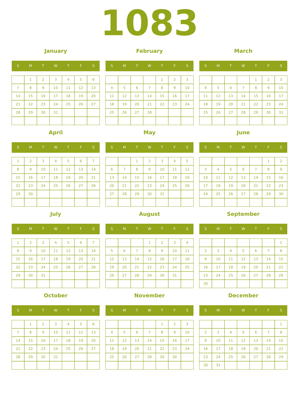 Printable 1083 Year Calendars chartreuse