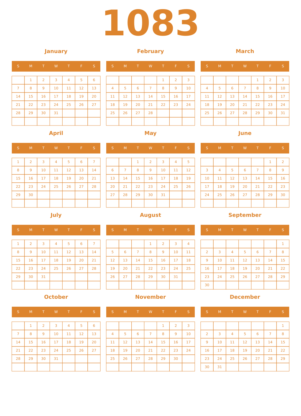 Printable 1083 Year Calendars orange