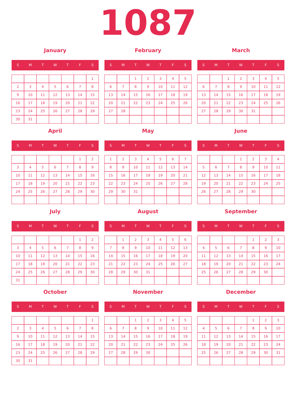 Printable 1087 Year Calendars amaranth