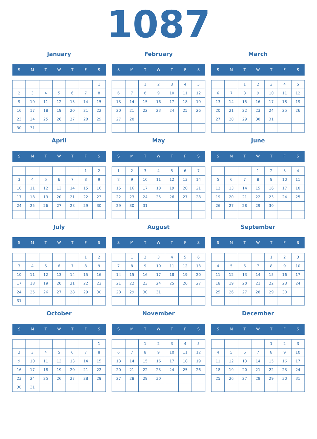 Printable 1087 Year Calendars blue