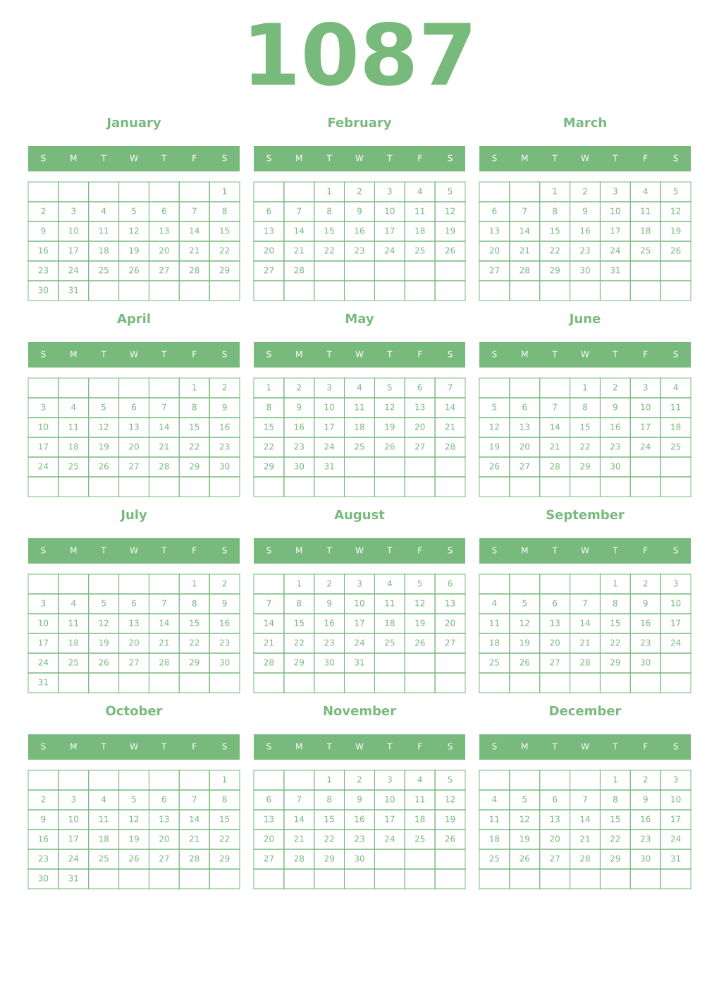 Printable 1087 Year Calendars celadon