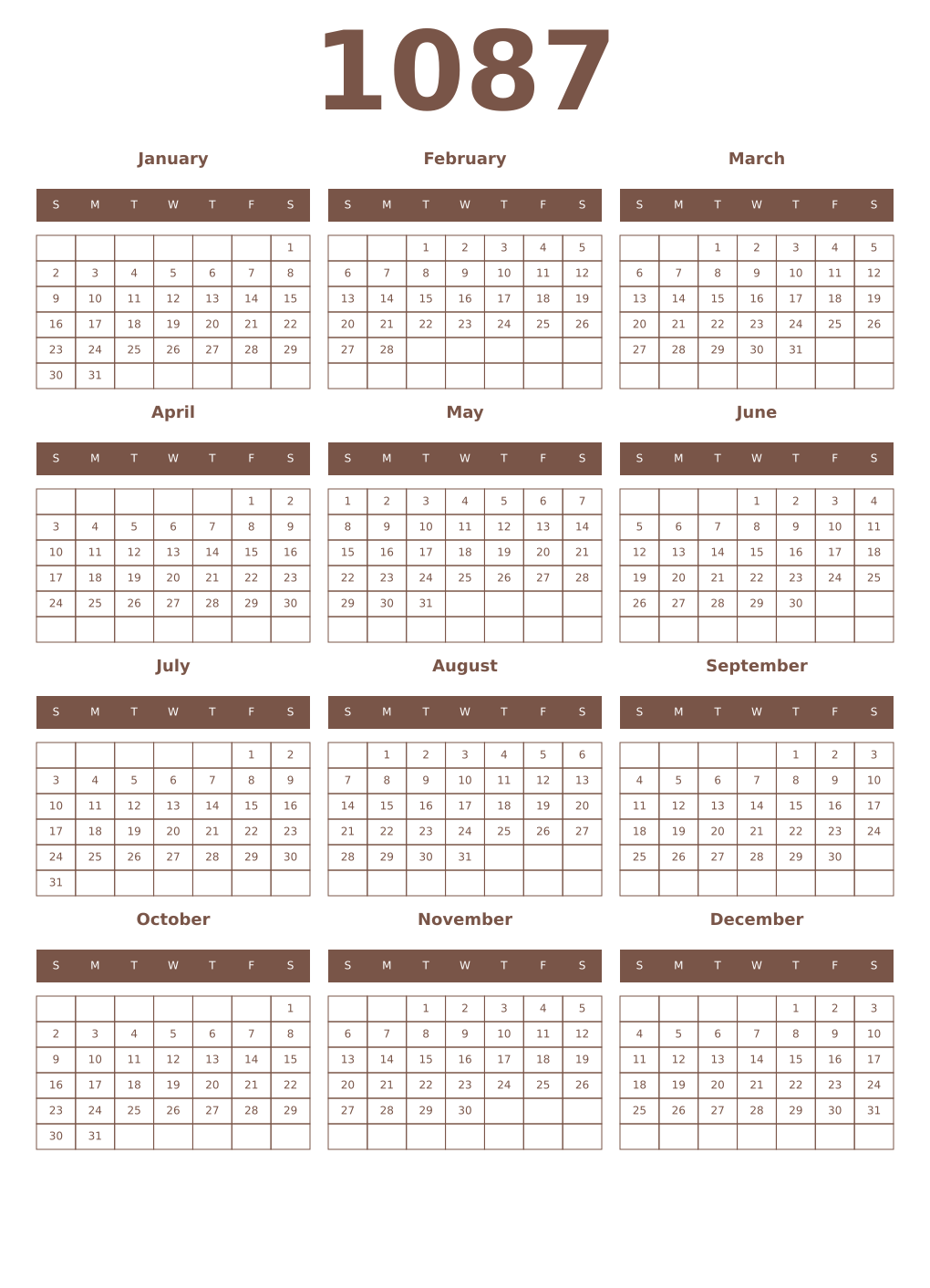 Printable 1087 Year Calendars coffe