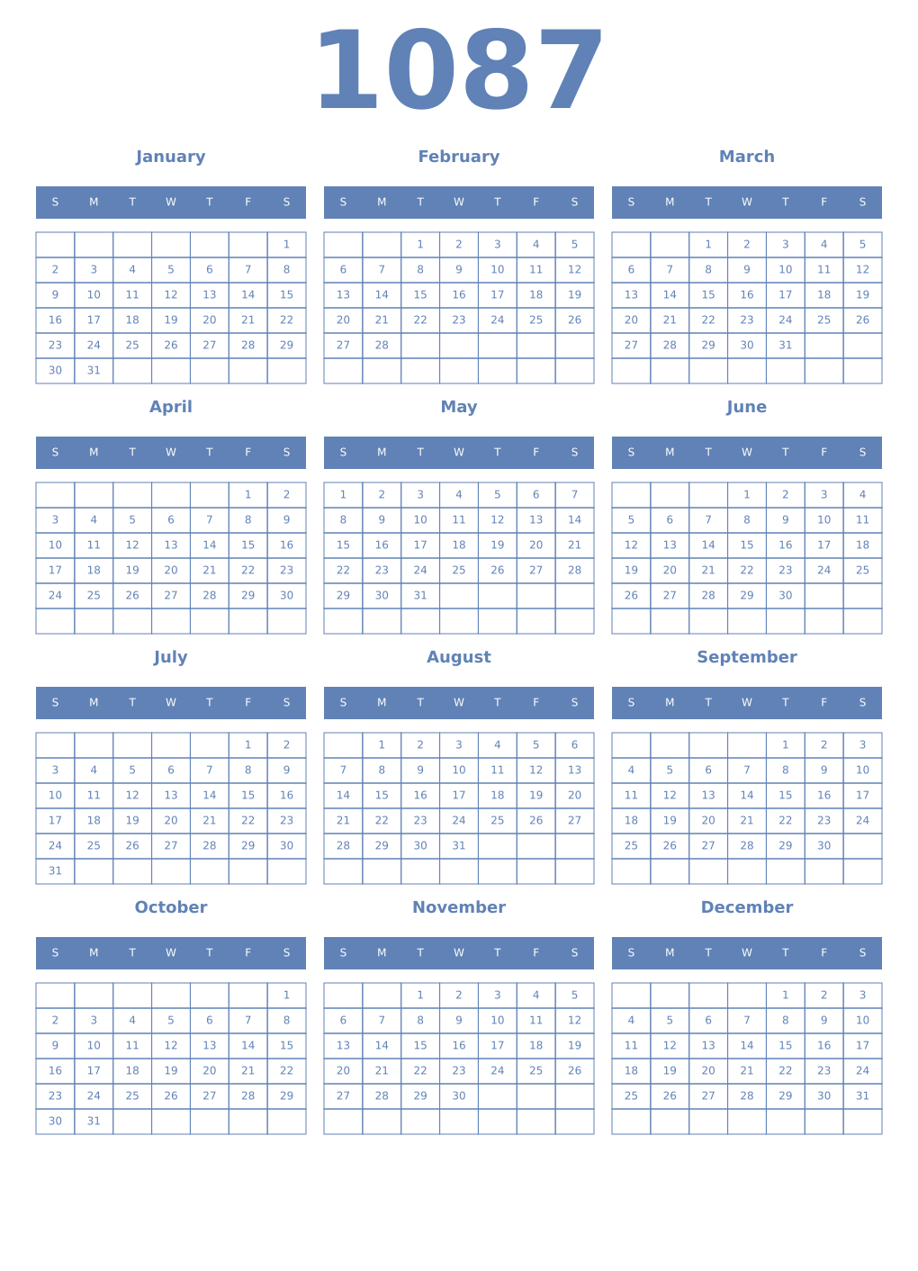 Printable 1087 Year Calendars glaucous