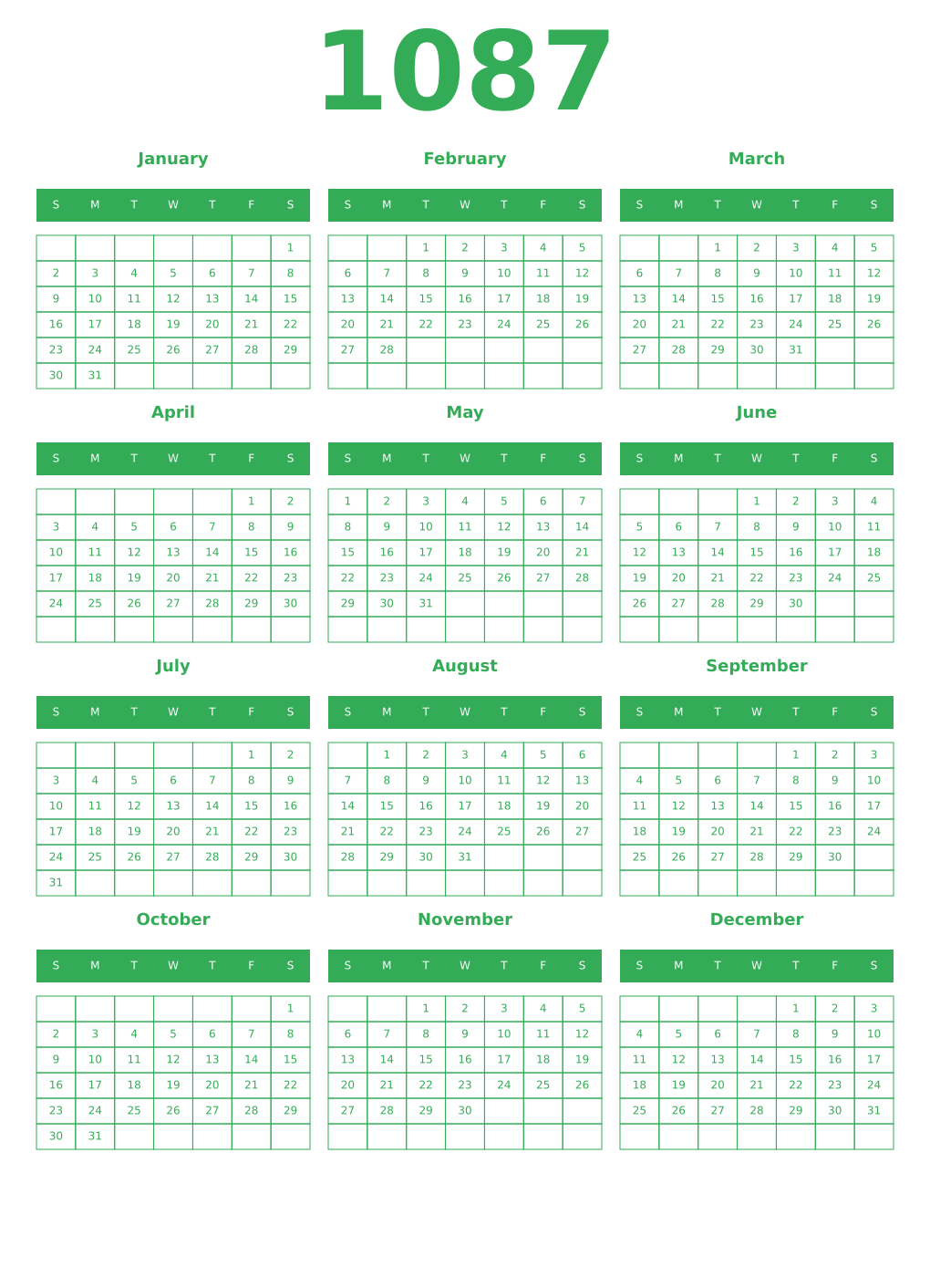 Printable 1087 Year Calendars green