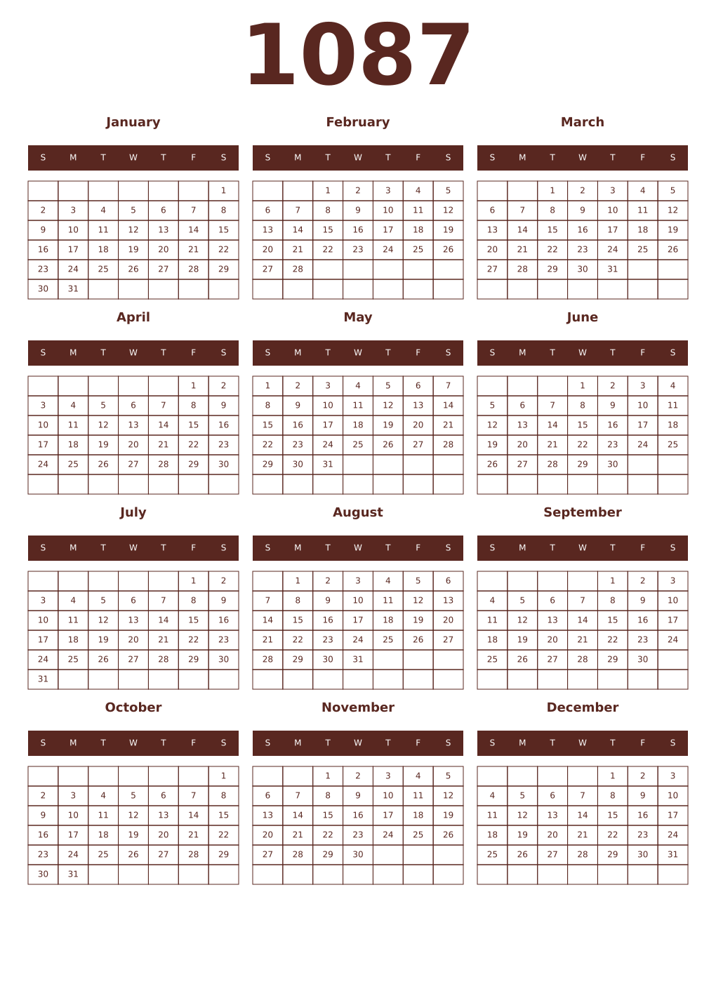 Printable 1087 Year Calendars mortuum