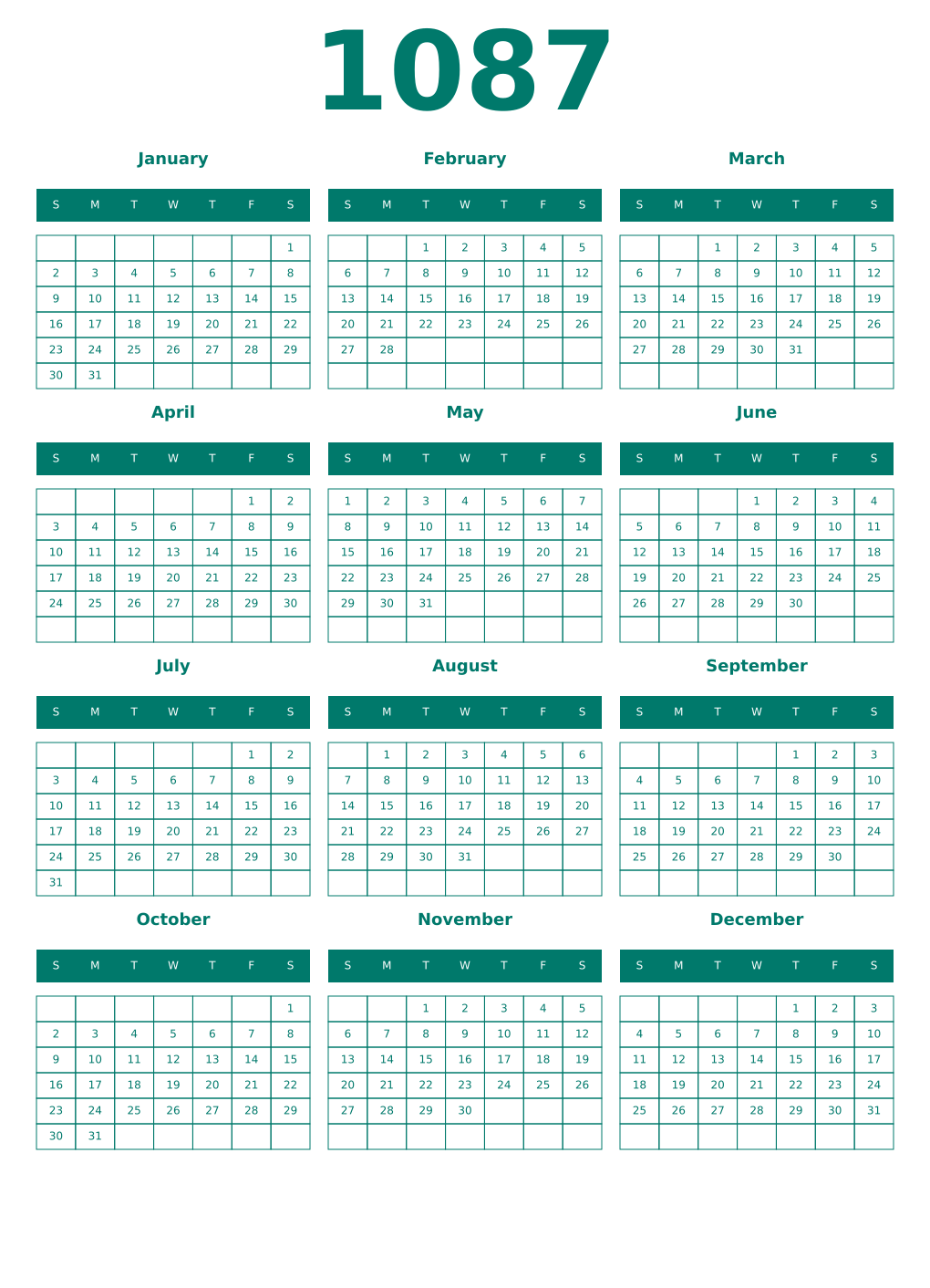 Printable 1087 Year Calendars pastel