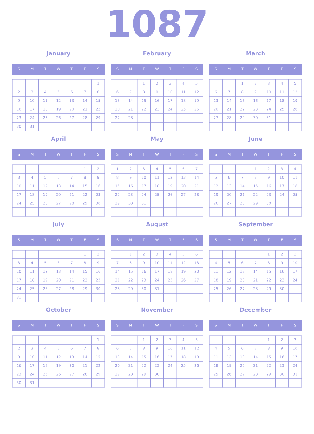 Printable 1087 Year Calendars periwinkle