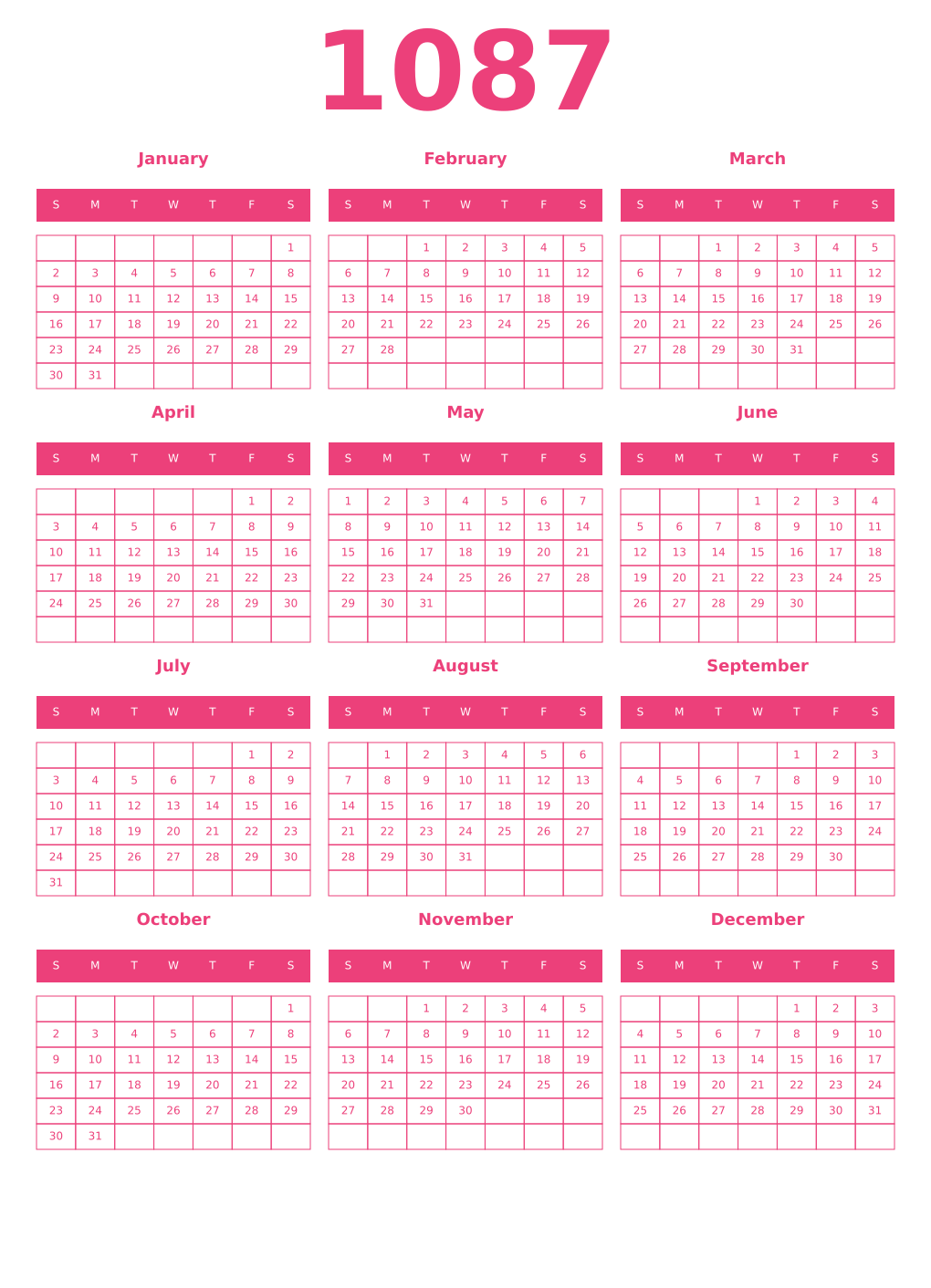 Printable 1087 Year Calendars pink