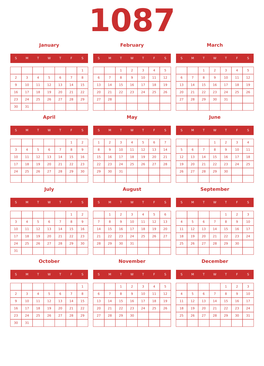Printable 1087 Year Calendars red