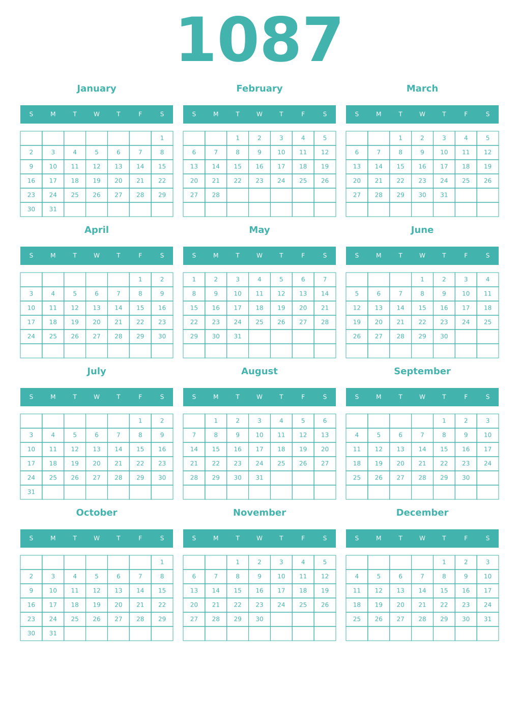 Printable 1087 Year Calendars verdigris