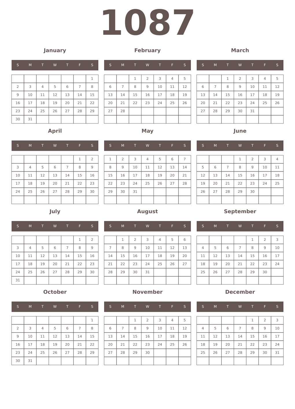 Printable 1087 Year Calendars wenge