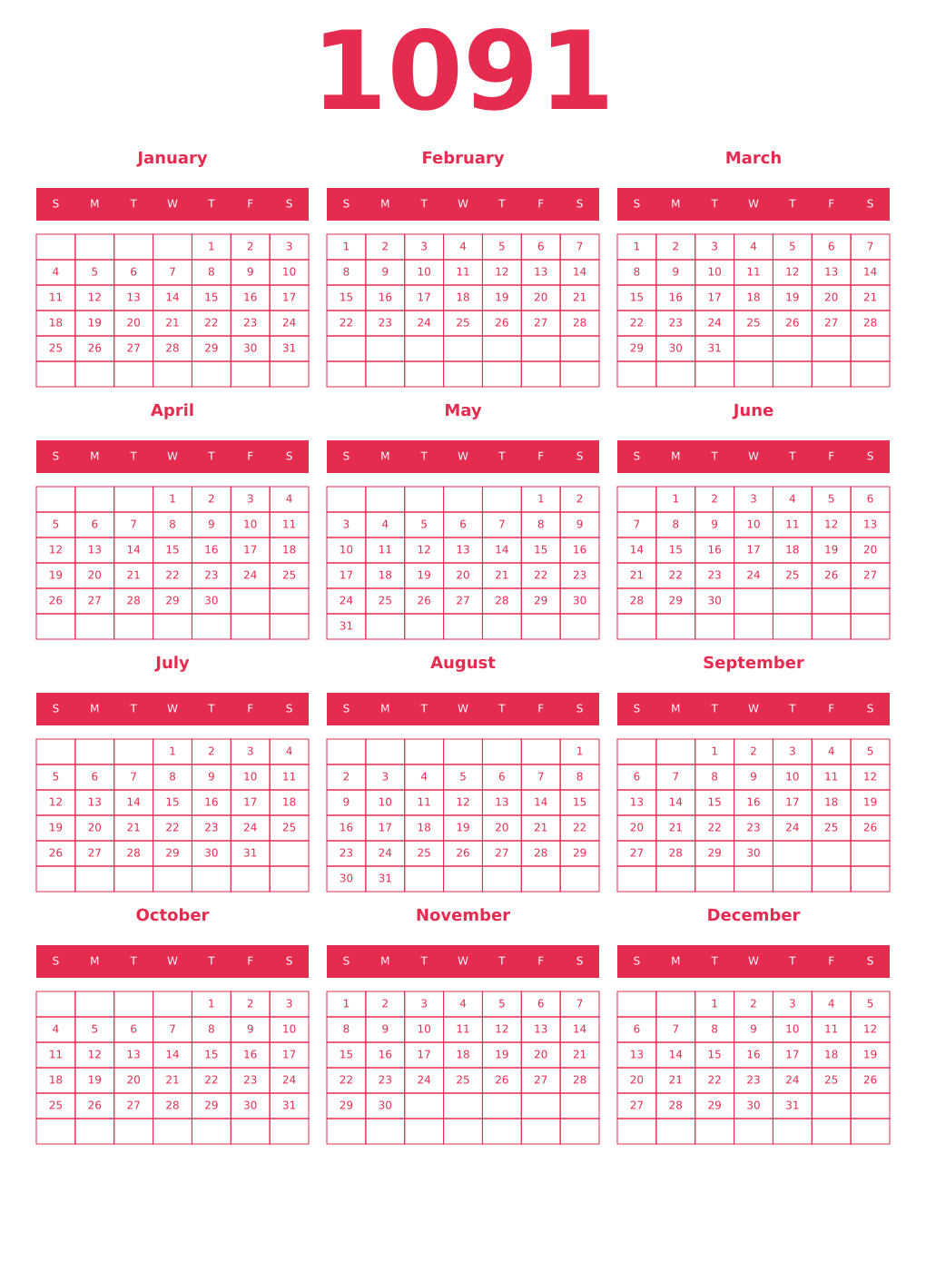 Printable 1091 Year Calendars amaranth