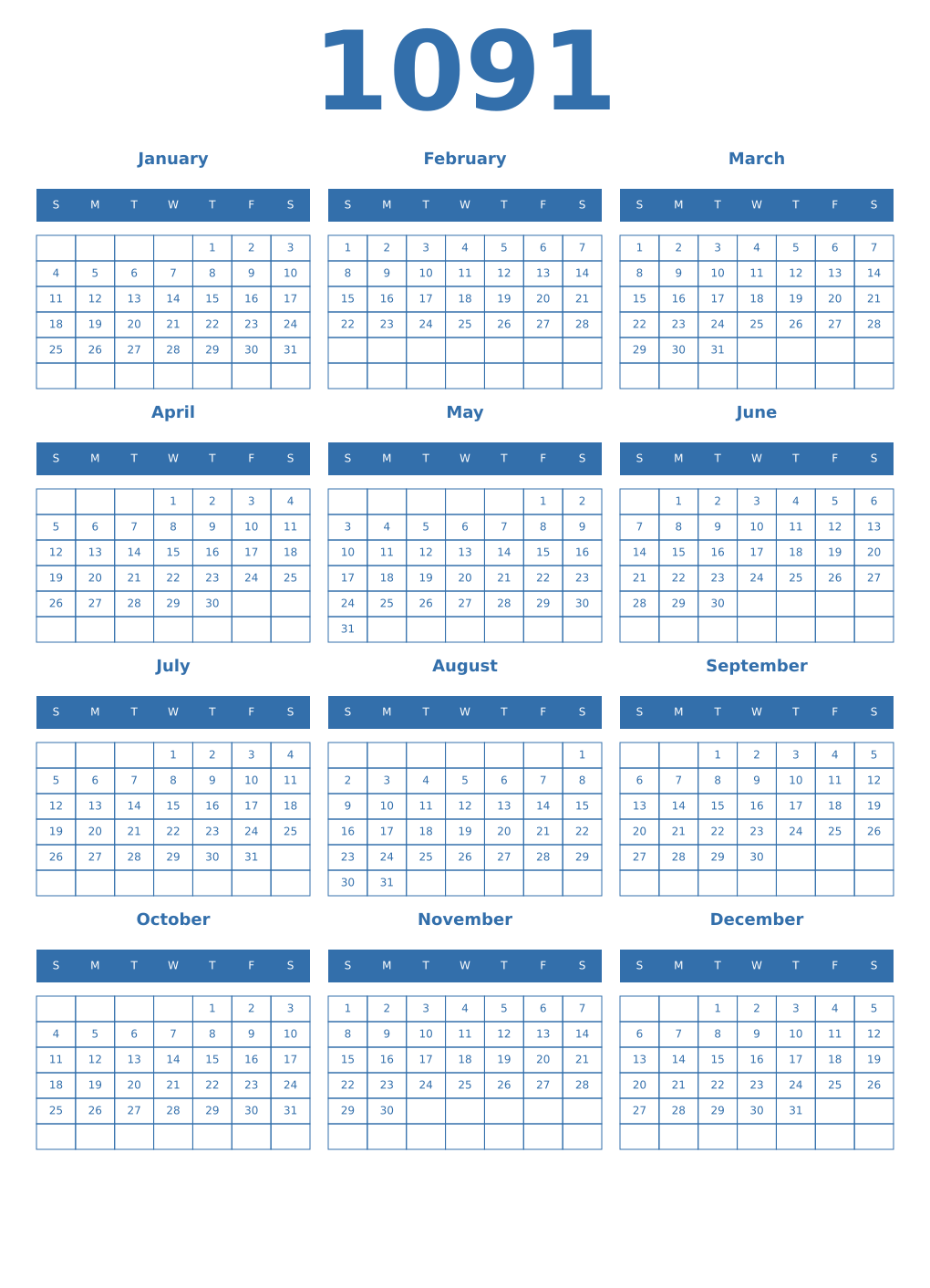 Printable 1091 Year Calendars blue