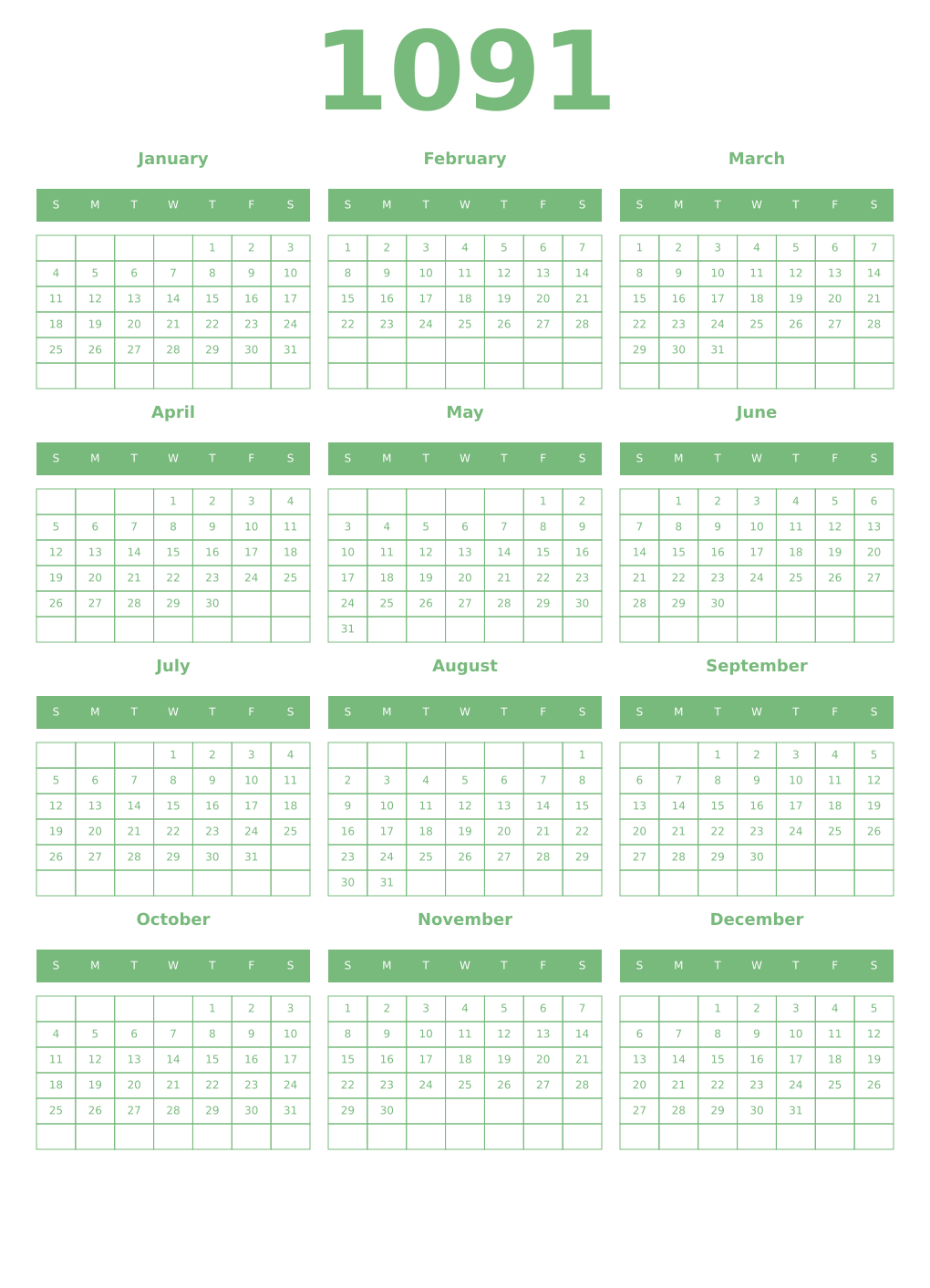 Printable 1091 Year Calendars celadon