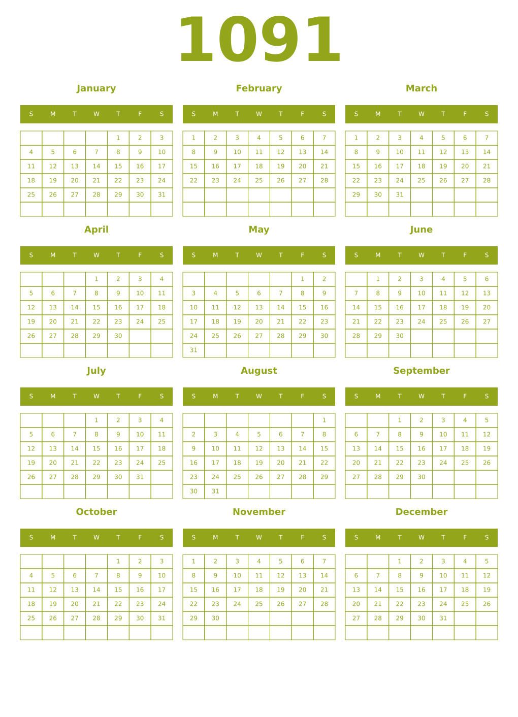 Printable 1091 Year Calendars chartreuse