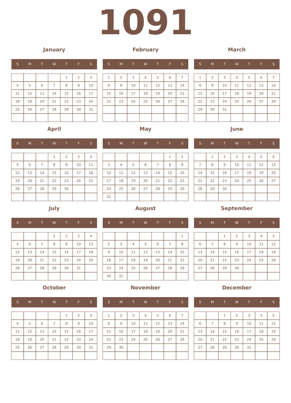 Printable 1091 Year Calendars coffe