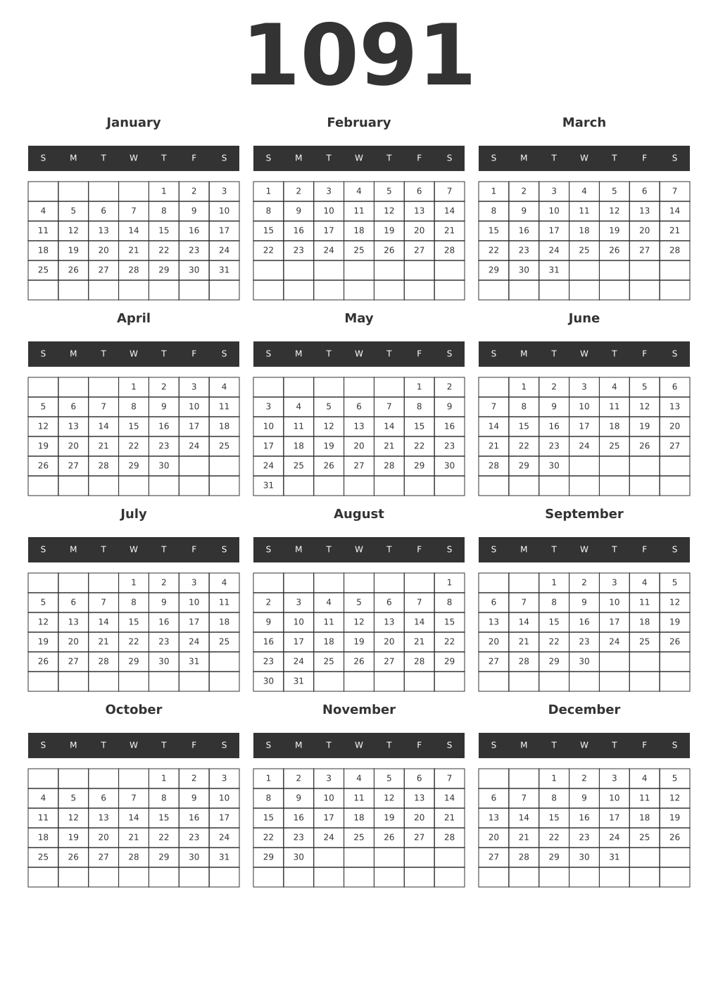 Printable 1091 Year Calendars dark