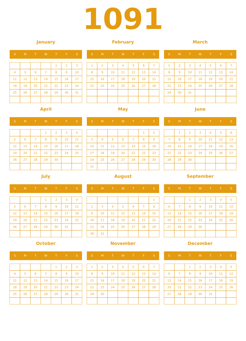 Printable 1091 Year Calendars gamboge