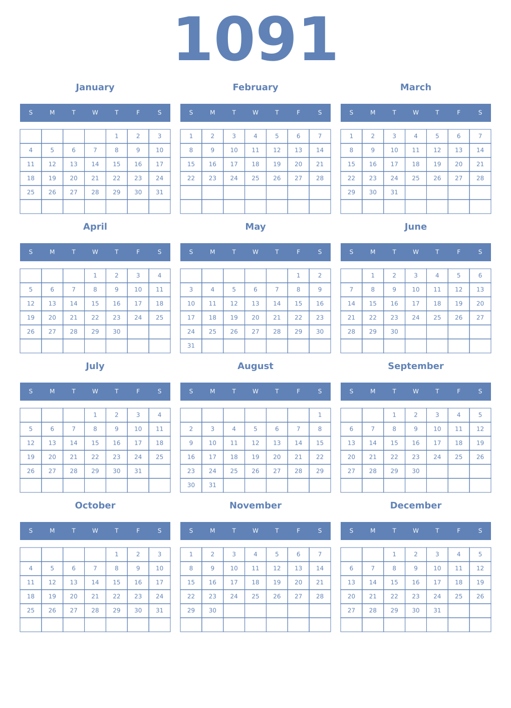 Printable 1091 Year Calendars glaucous