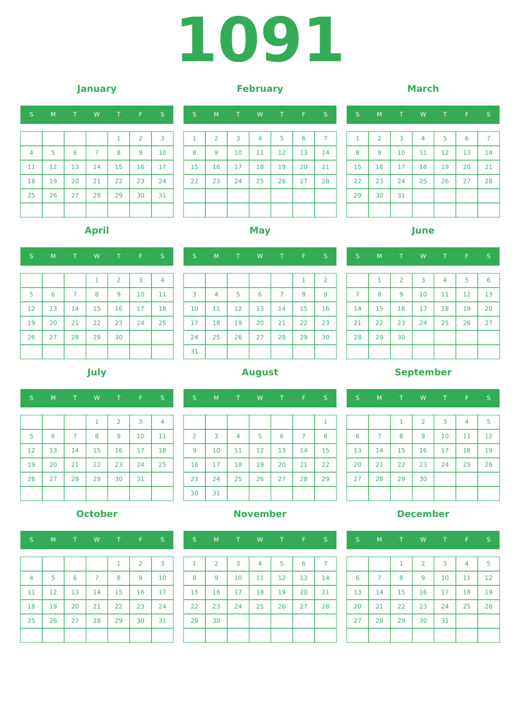 Printable 1091 Year Calendars green