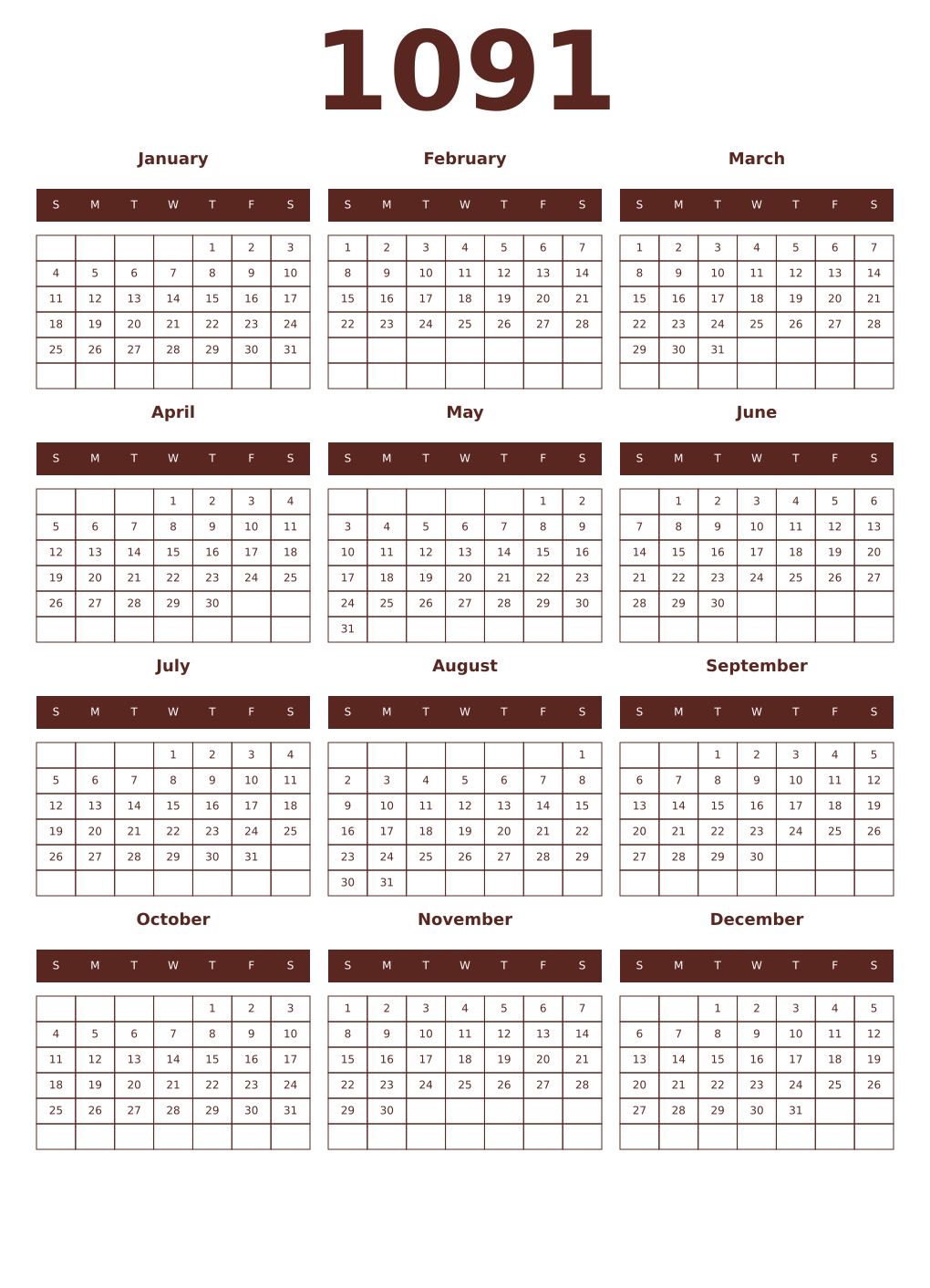 Printable 1091 Year Calendars mortuum