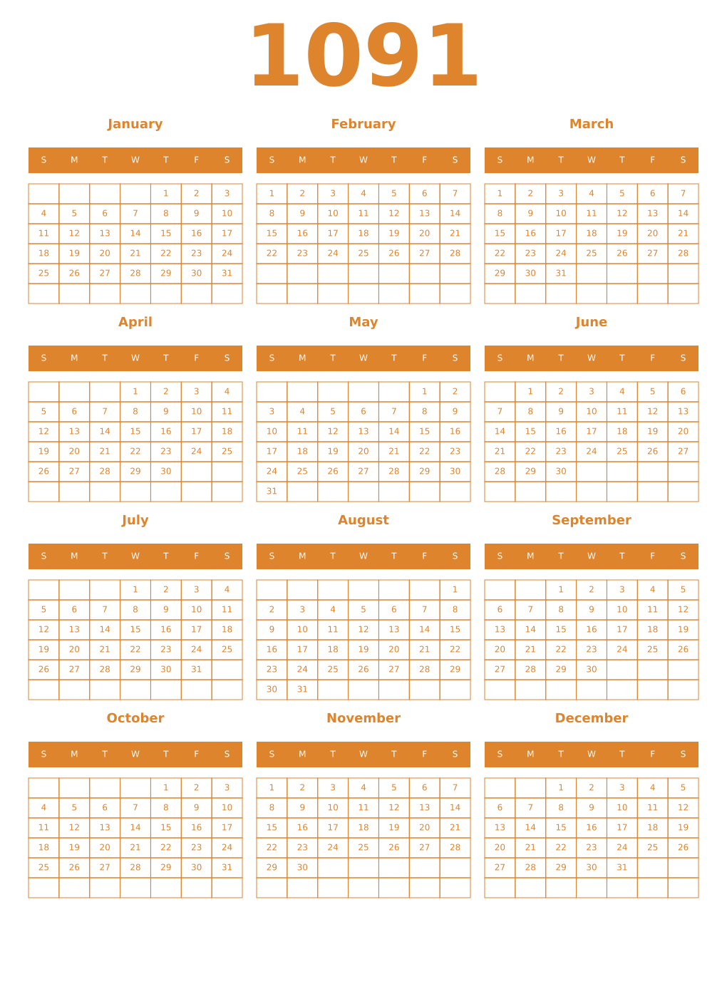 Printable 1091 Year Calendars orange