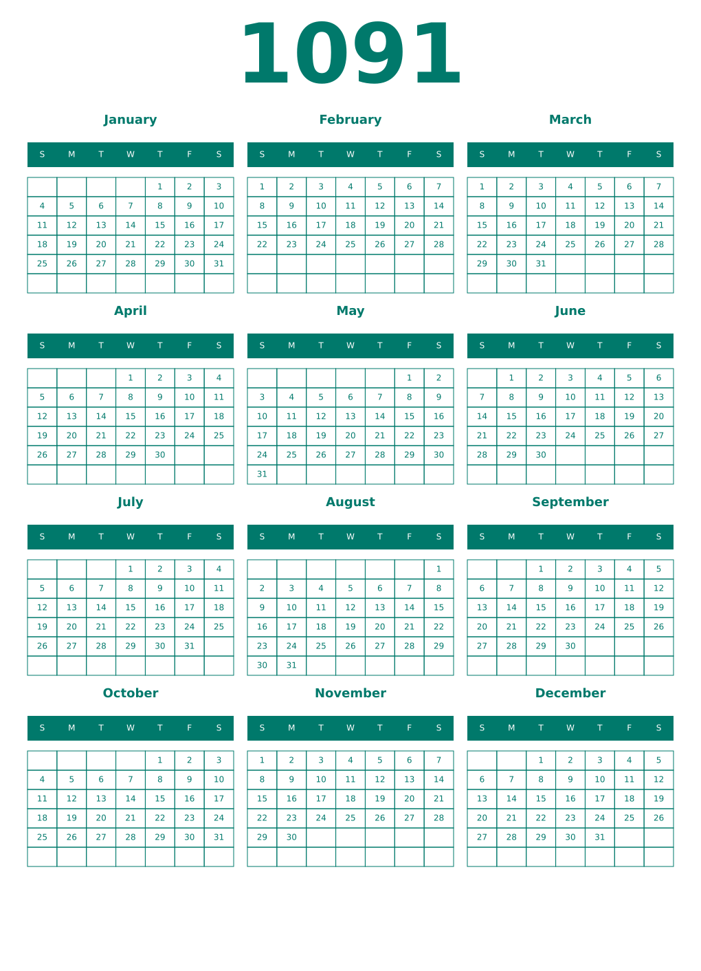 Printable 1091 Year Calendars pastel