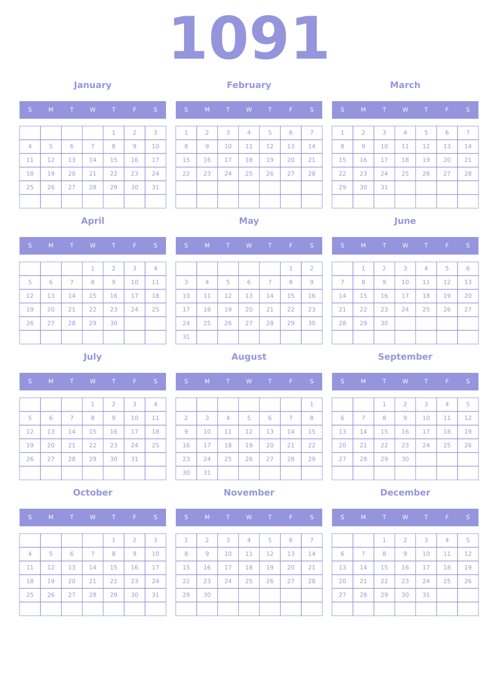 Printable 1091 Year Calendars periwinkle