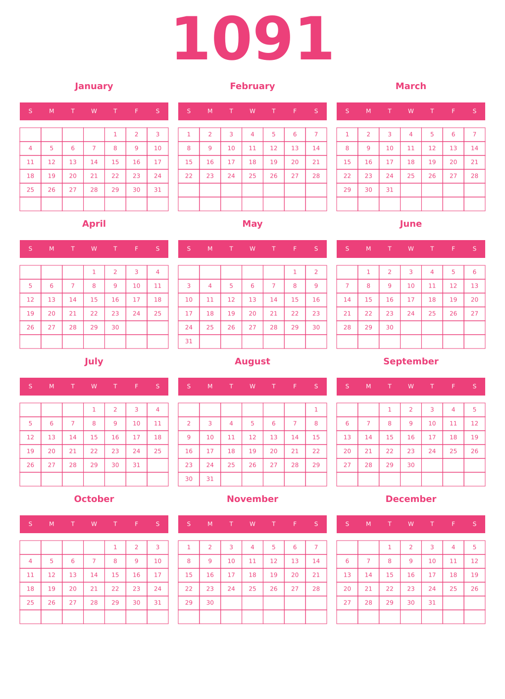 Printable 1091 Year Calendars pink