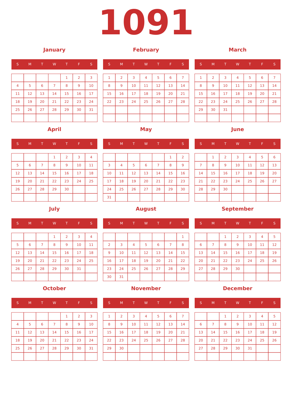 Printable 1091 Year Calendars red