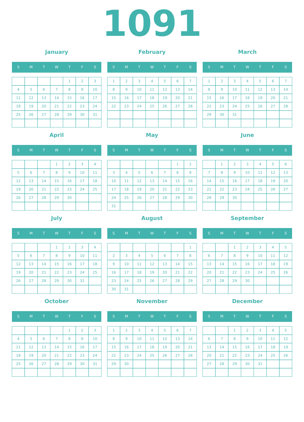 Printable 1091 Year Calendars verdigris