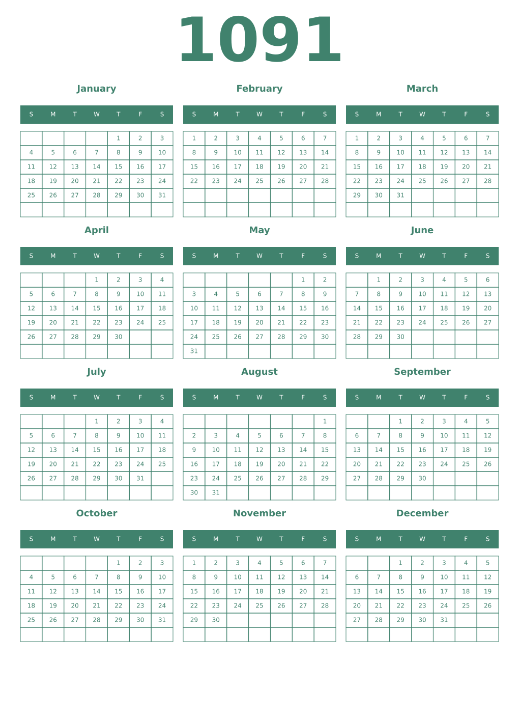 Printable 1091 Year Calendars viridian