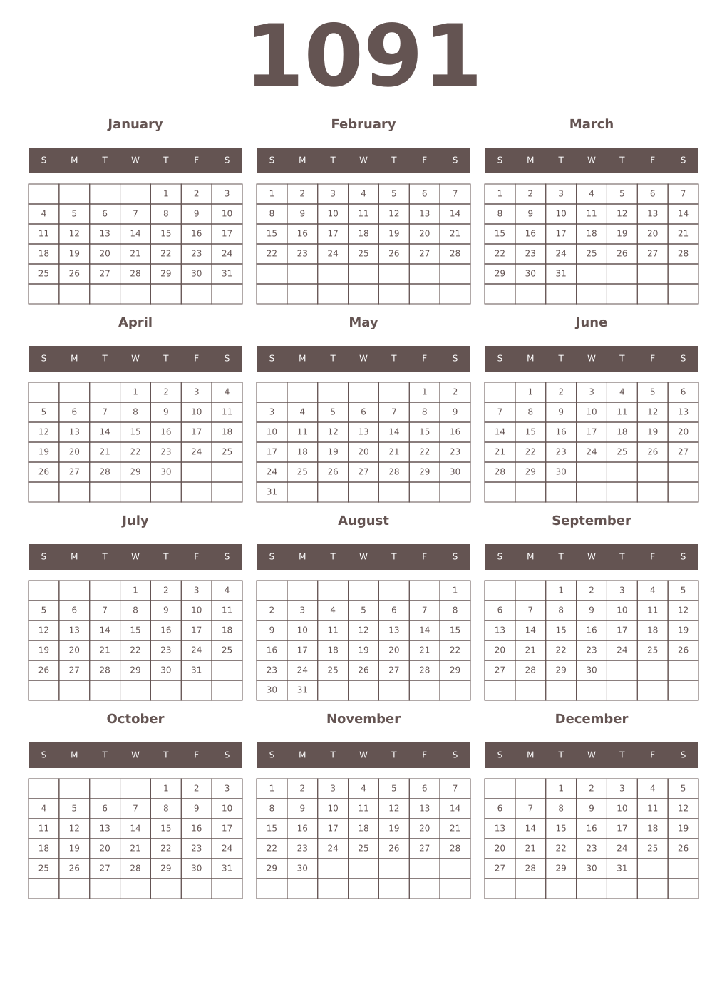 Printable 1091 Year Calendars wenge