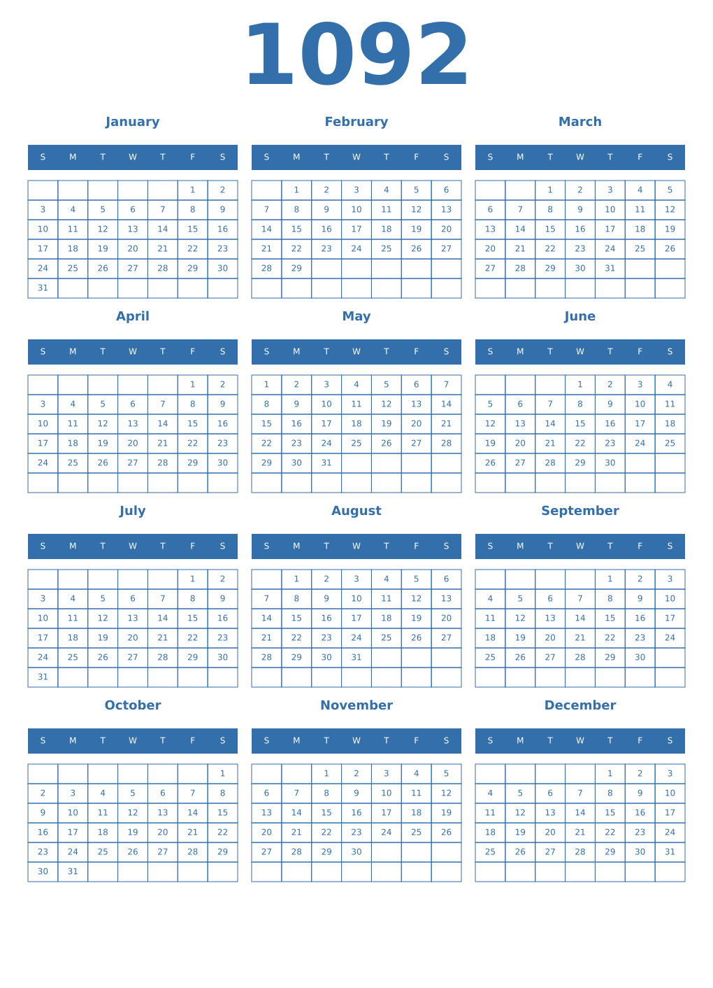 Printable 1092 Year Calendars blue