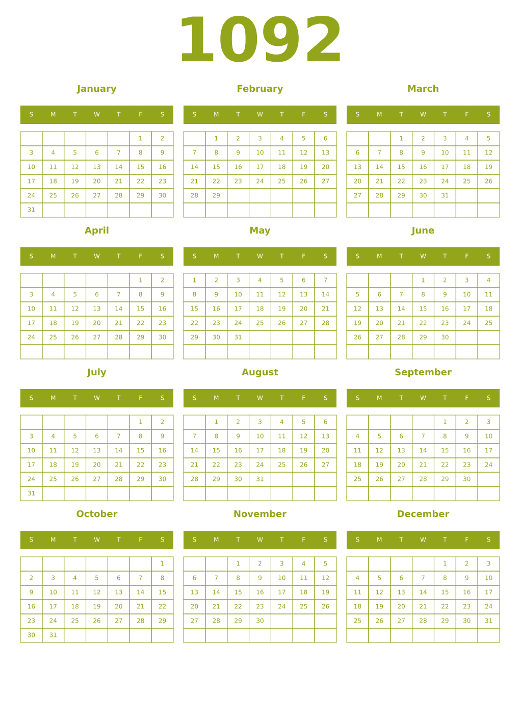 Printable 1092 Year Calendars chartreuse