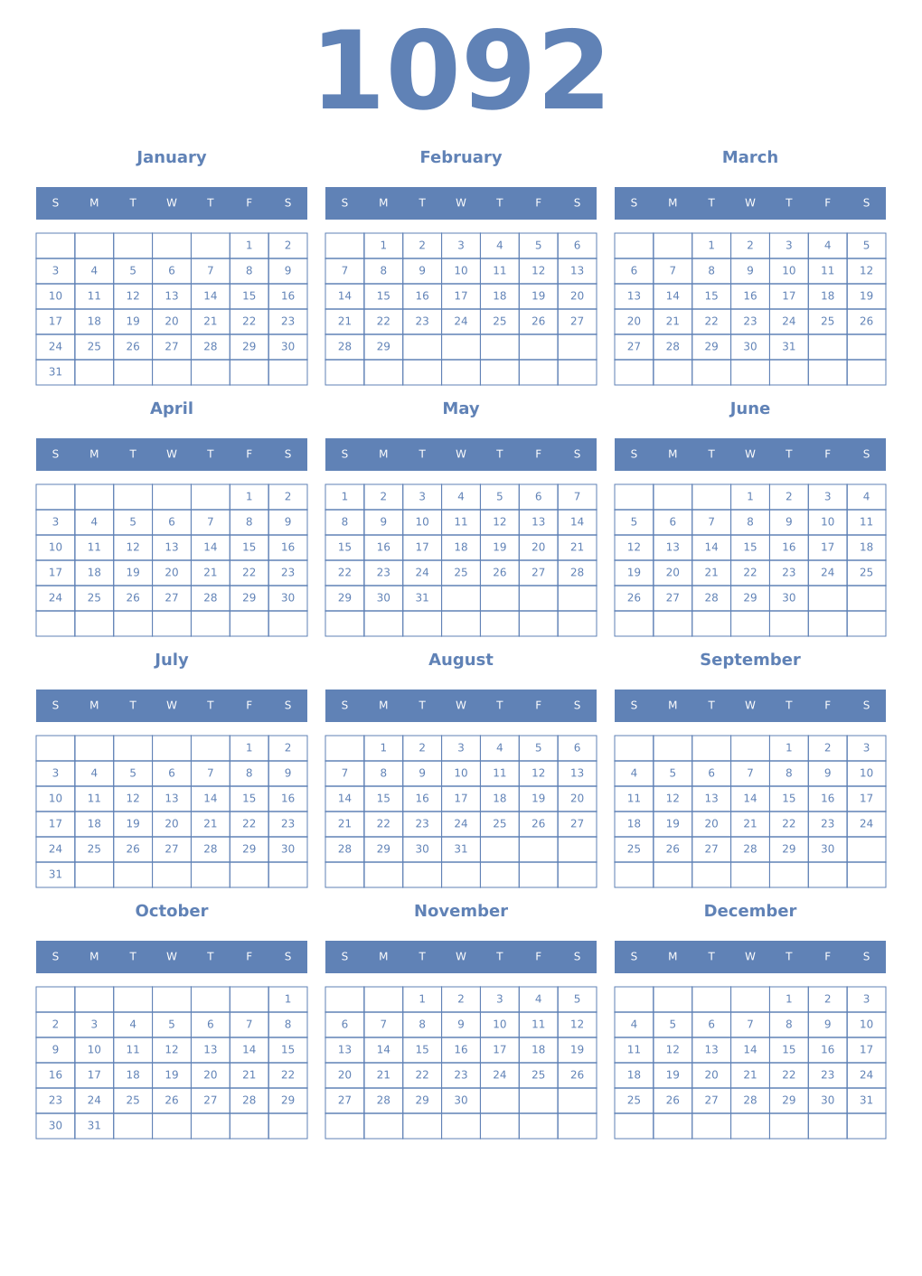 Printable 1092 Year Calendars glaucous