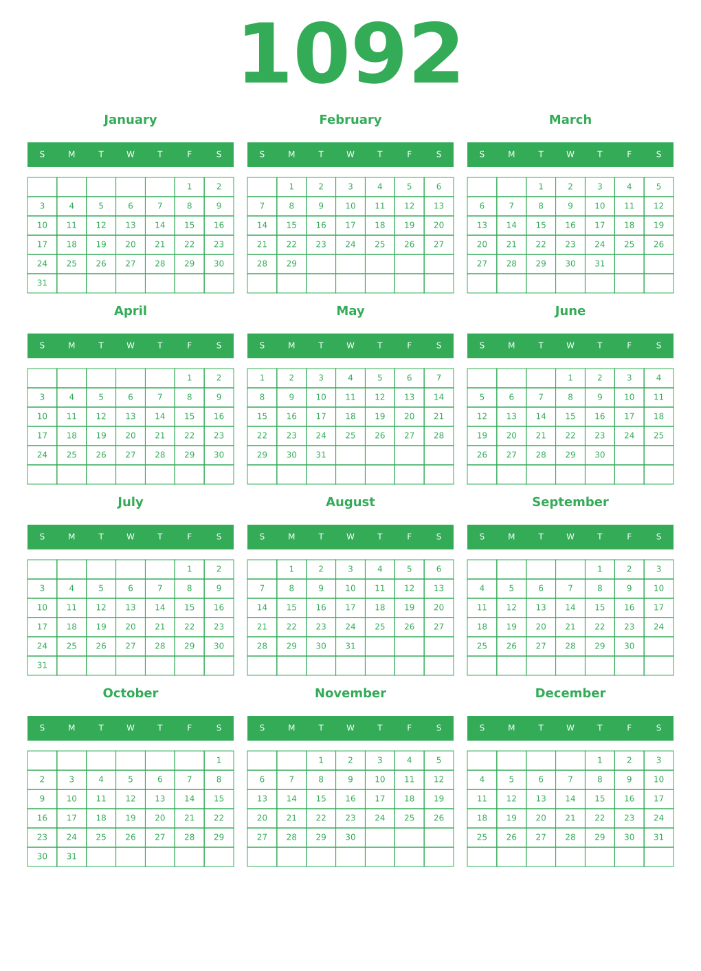 Printable 1092 Year Calendars green