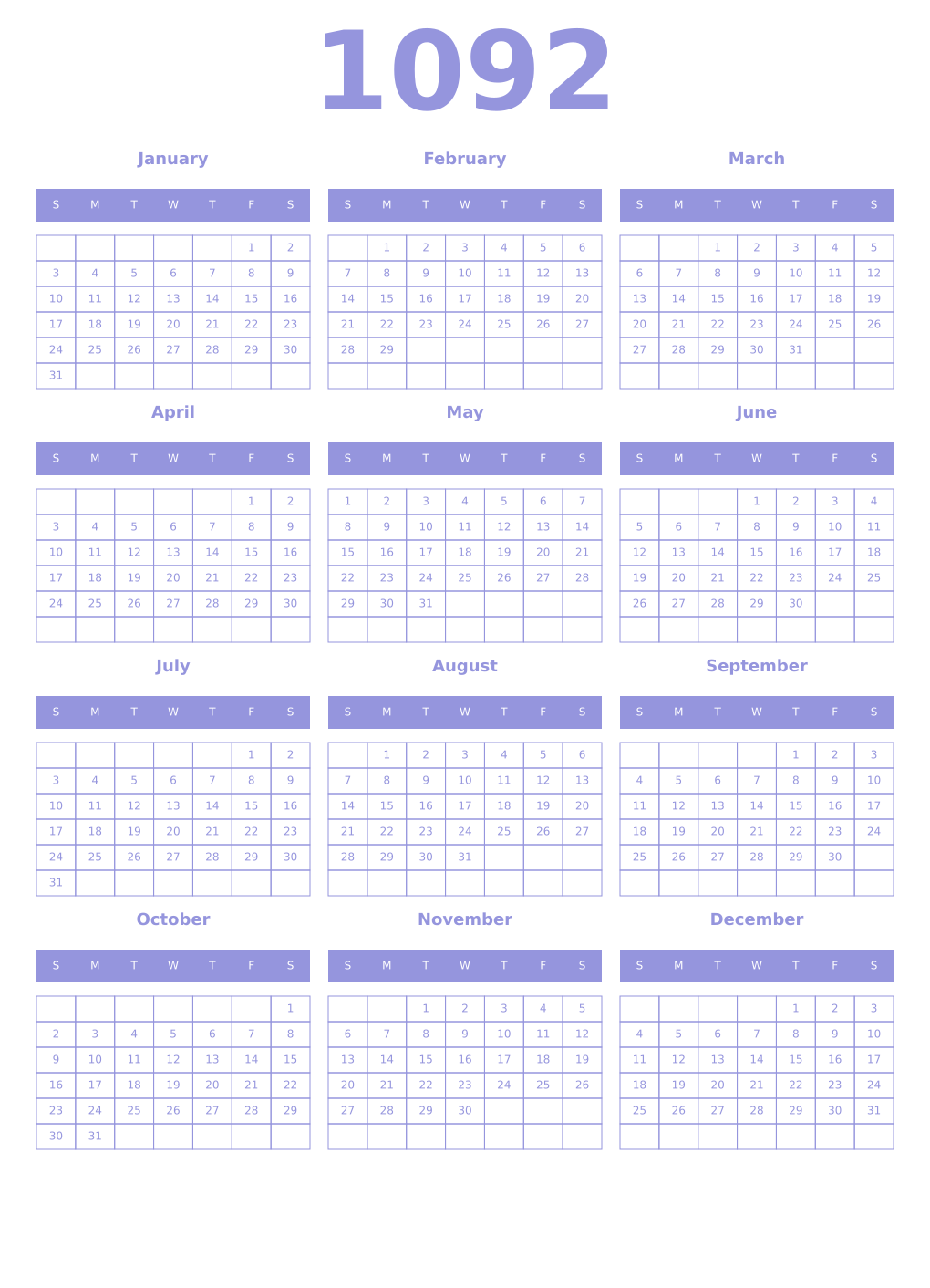 Printable 1092 Year Calendars periwinkle