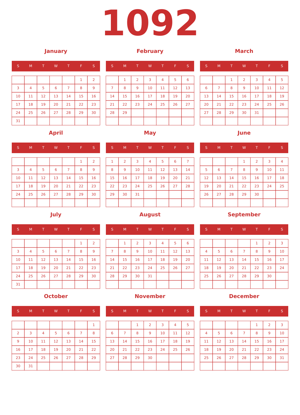 Printable 1092 Year Calendars red