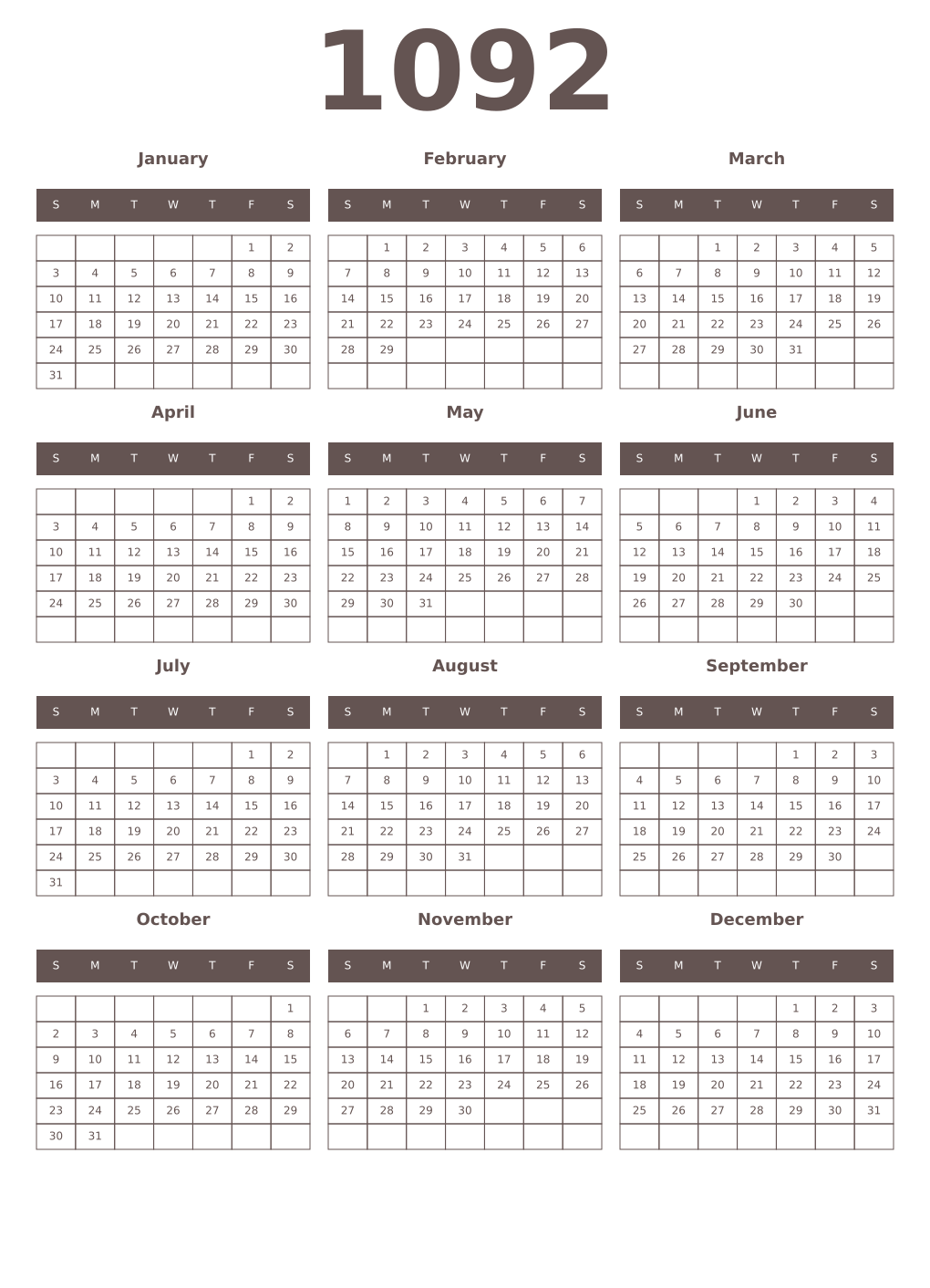 Printable 1092 Year Calendars wenge