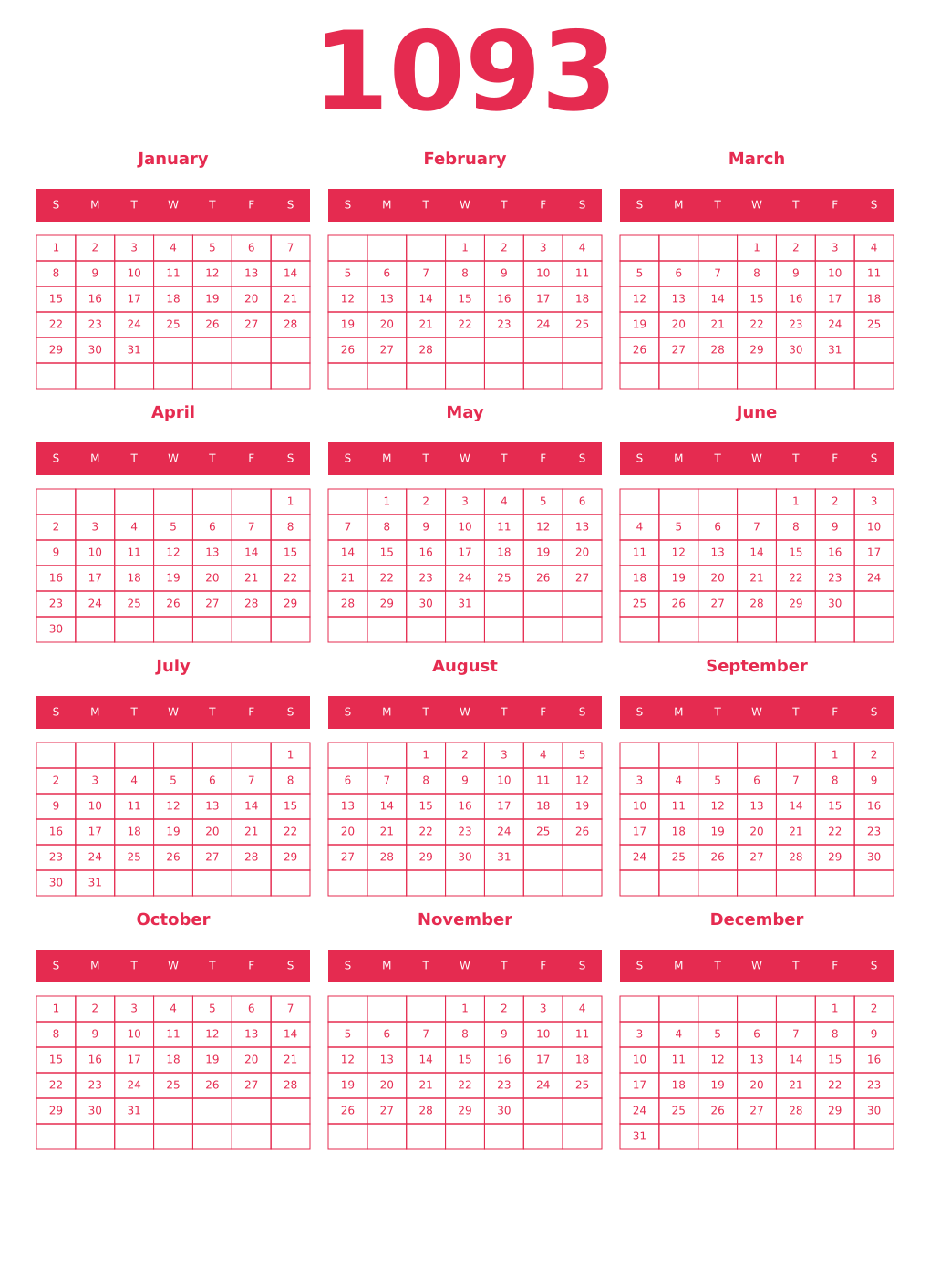 Printable 1093 Year Calendars amaranth