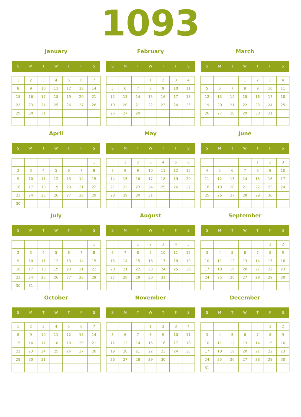 Printable 1093 Year Calendars chartreuse