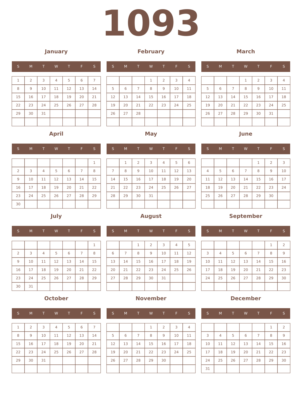 Printable 1093 Year Calendars coffe