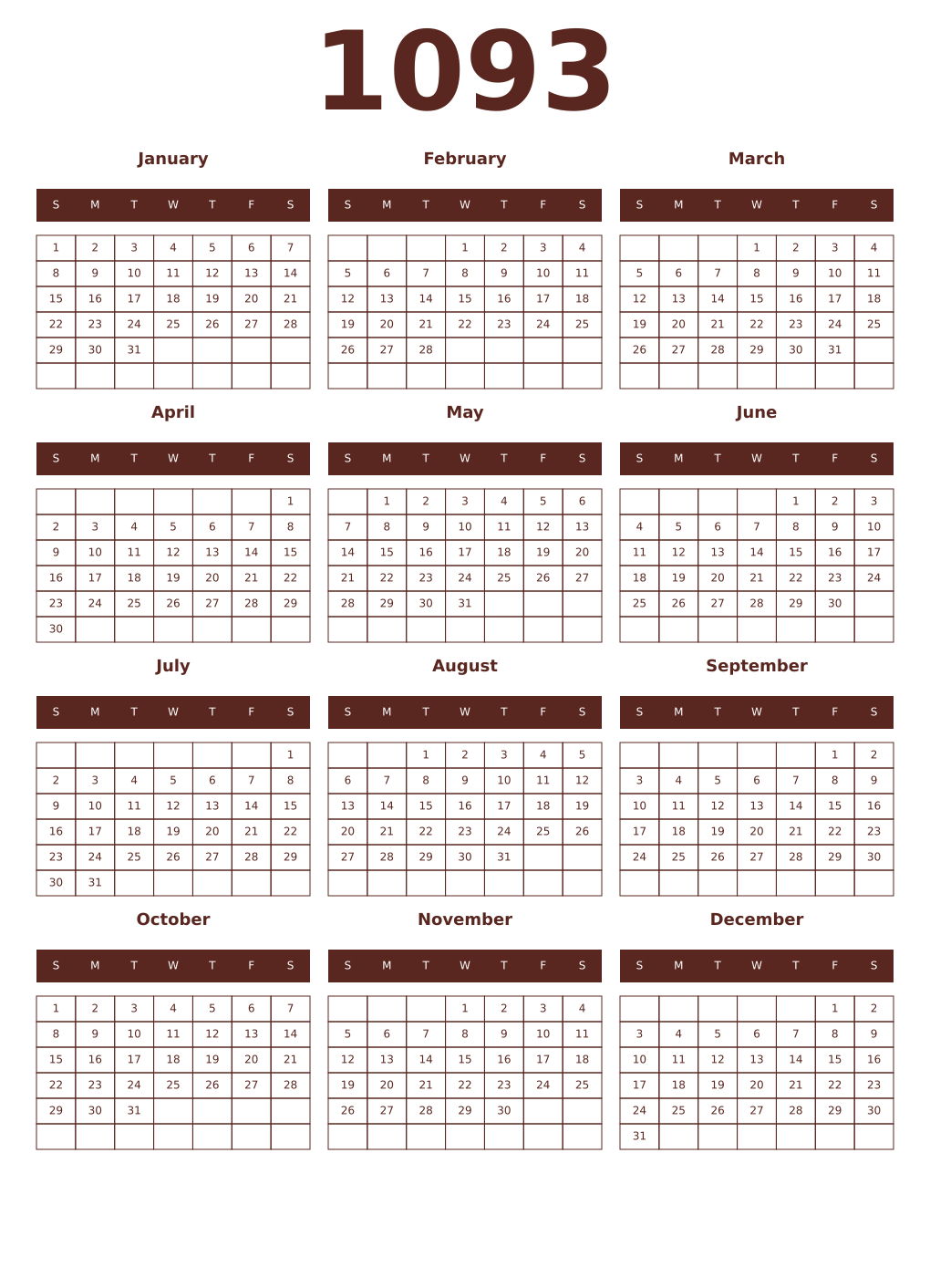 Printable 1093 Year Calendars mortuum