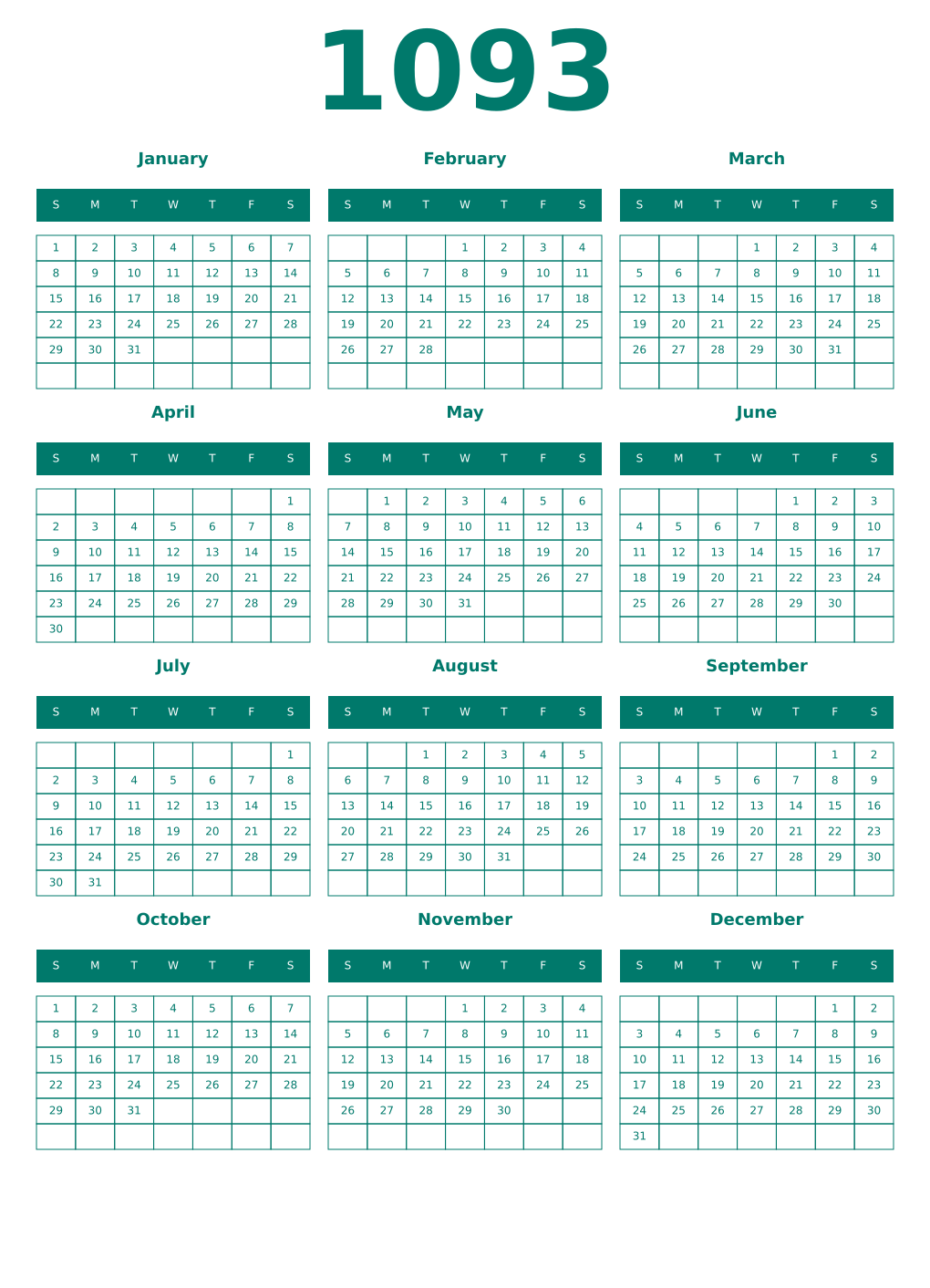Printable 1093 Year Calendars pastel