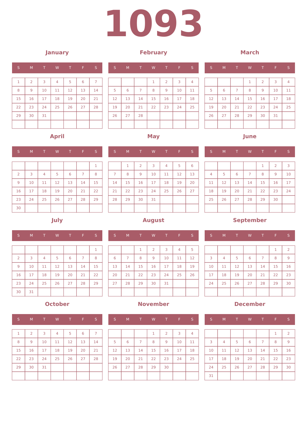 Printable 1093 Year Calendars puce