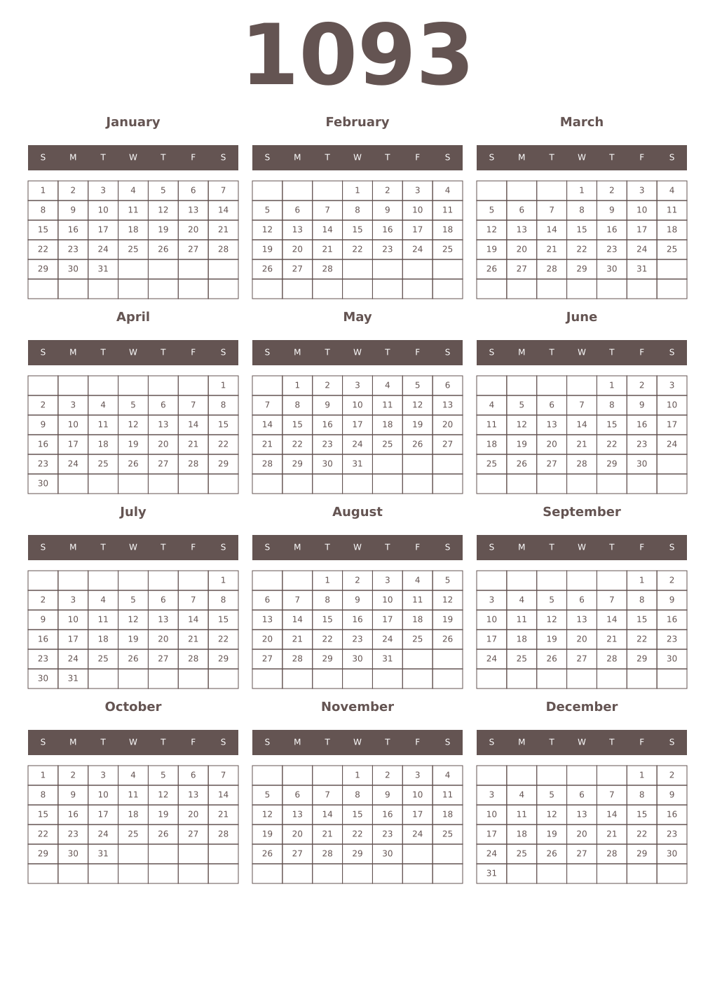 Printable 1093 Year Calendars wenge