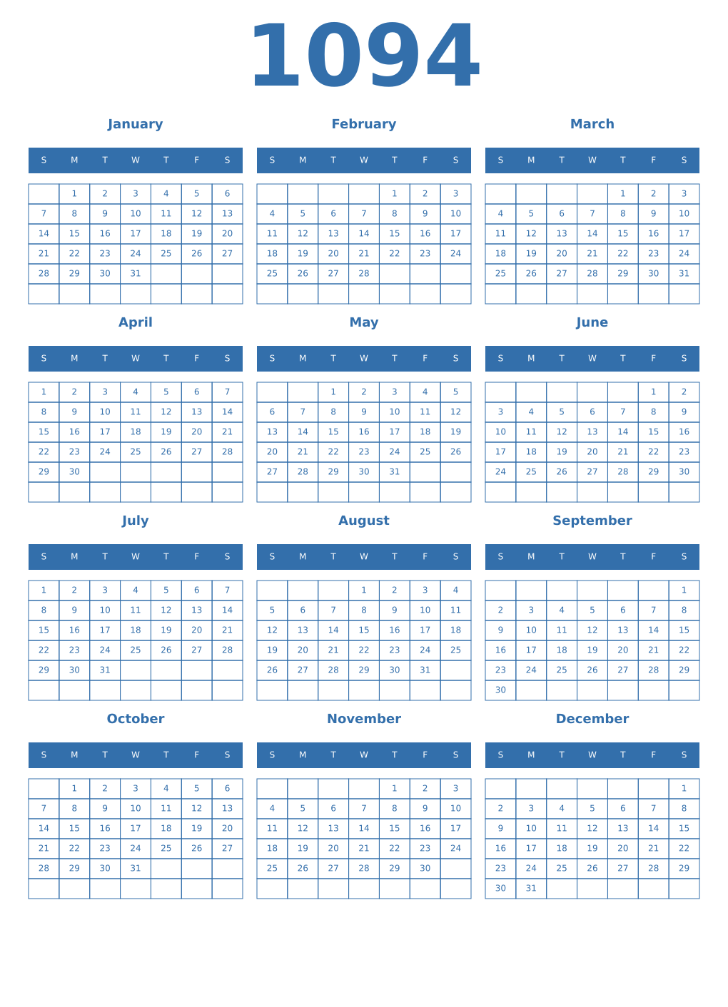 Printable 1094 Year Calendars blue